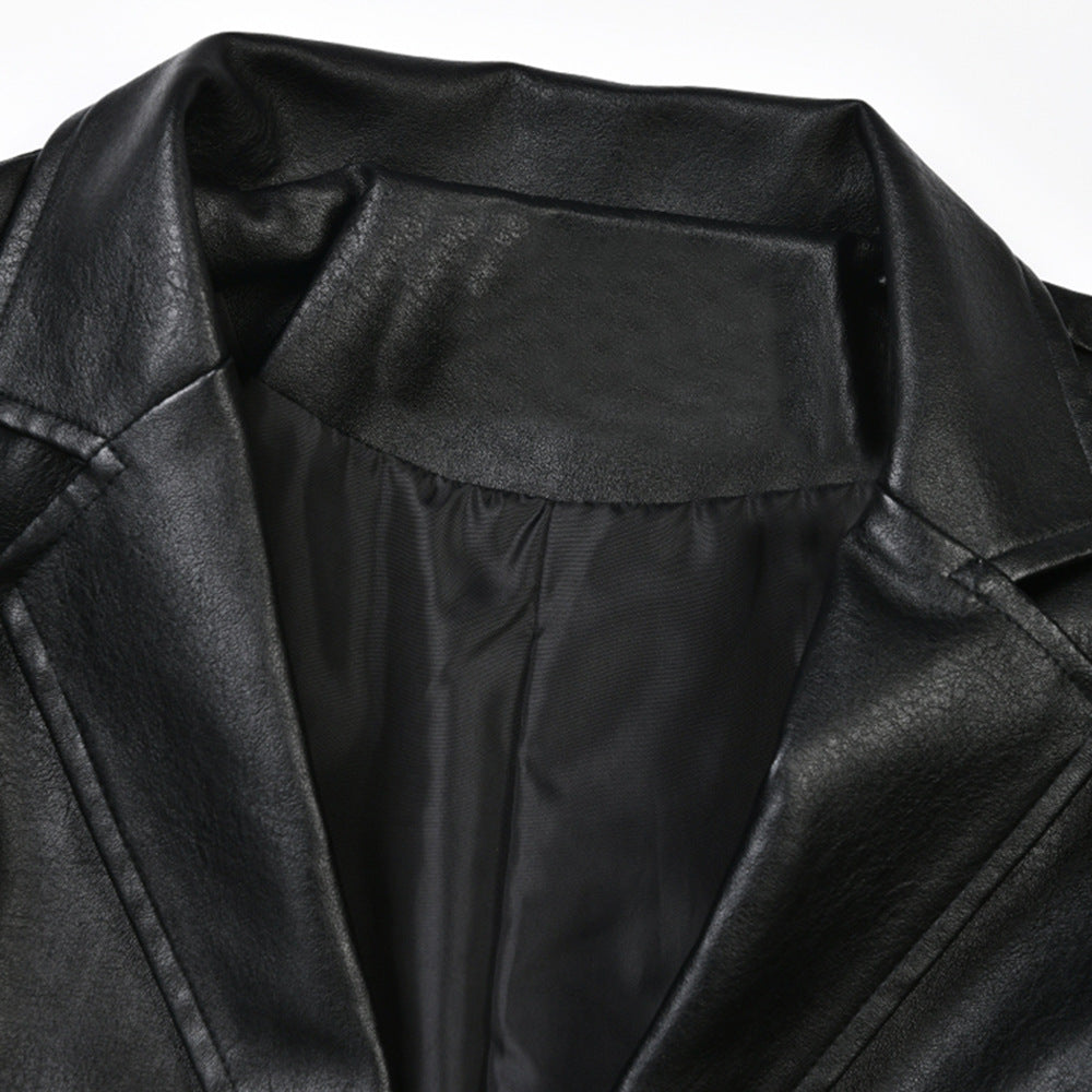 Waist-tight Show Thin Black PU Leather Temperament Coat Commute Leisure Long High-grade Windbreaker
