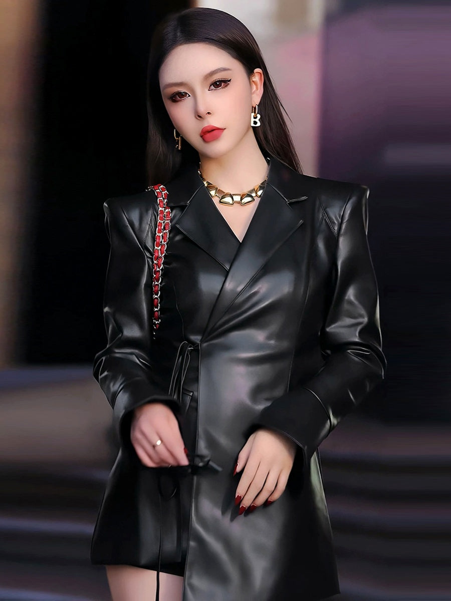 Black PU Leather Suit Jacket For Women